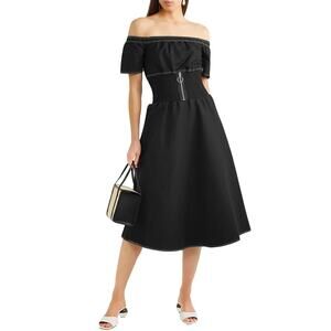 NWOT Maje Relera Black Off-Shoulder Zip Midi‎ Dress Size Small (1) Smocked Waist